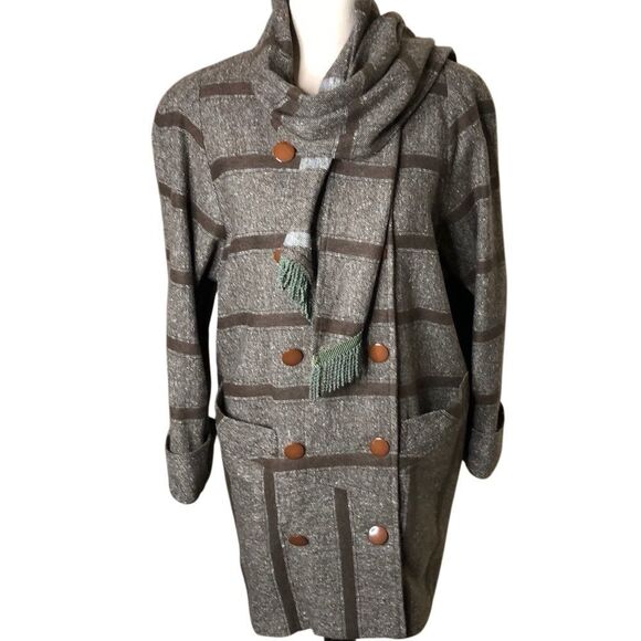 Chau Lei Brown Tweed, Striped Double Breasted Coat W/Matching Scarf Sz 10 - Picture 1 of 16